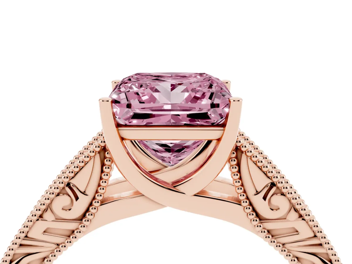 Fancy Pink Princess Cut Diamond Solitaire Ring with Engraved Band and Four-Prong Setting Rose gold