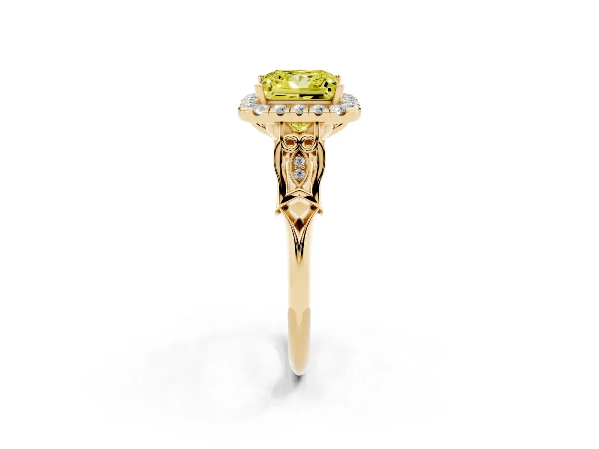 Fancy Yellow Princess Cut Halo Diamond Engagement Ring with Filigree Band and Four-Prong Setting Yellow gold