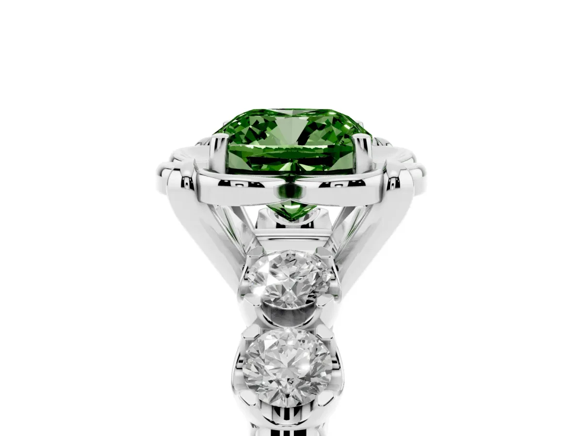 Fancy Green Cushion Cut Cut Diamond Floral Halo Engagement Ring with Shared Prong Setting White gold