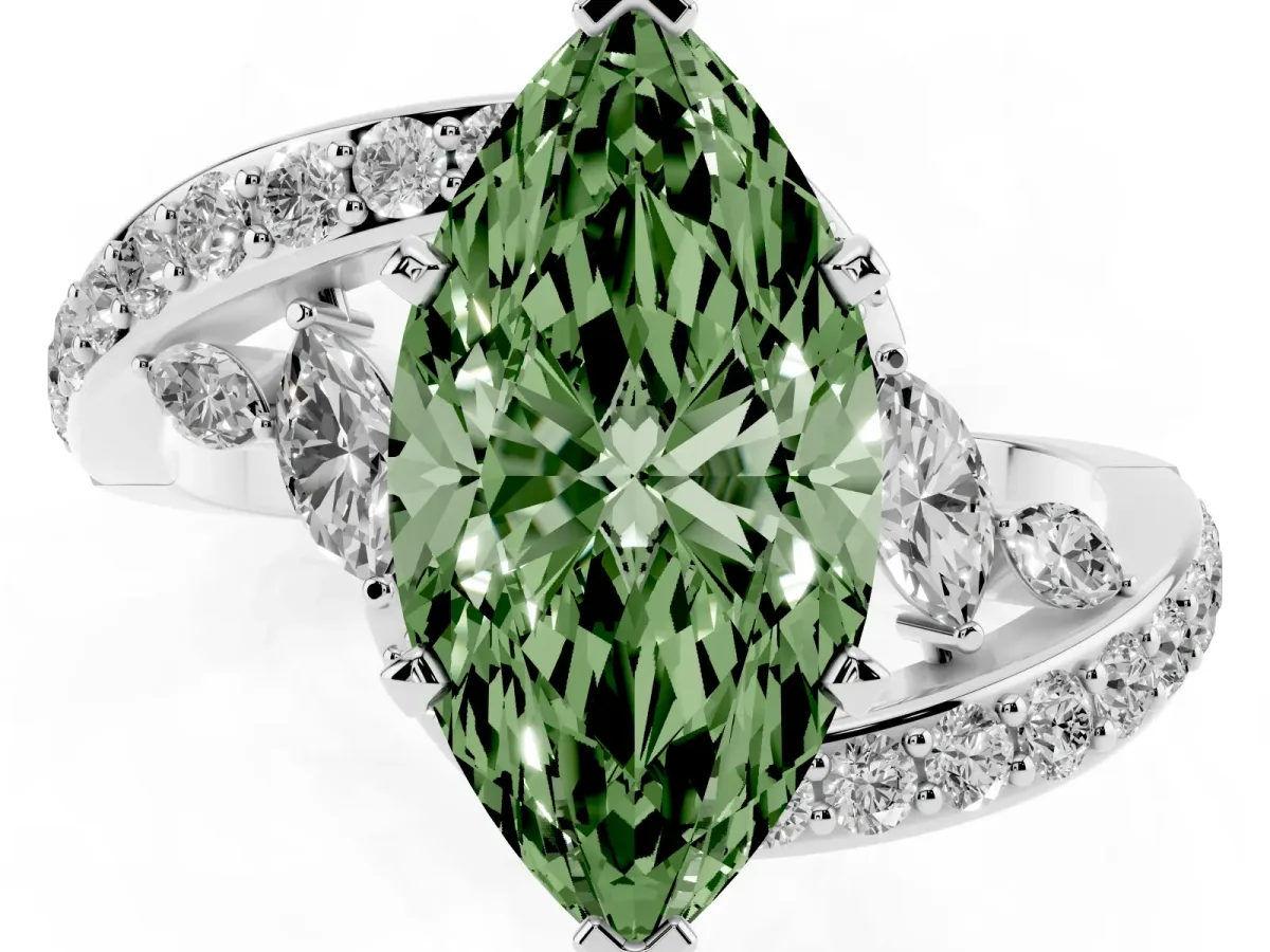 Fancy Green Marquise Cut Solitaire with Pavé Twist Band and Four-Prong Setting White gold