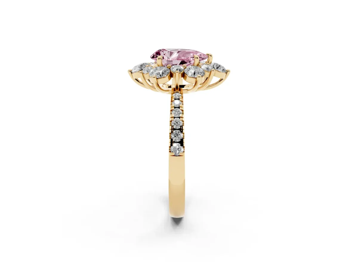 Fancy Pink Pear Cut Diamond Floral Halo Ring with Round Pavé Band and Prong Setting Yellow gold