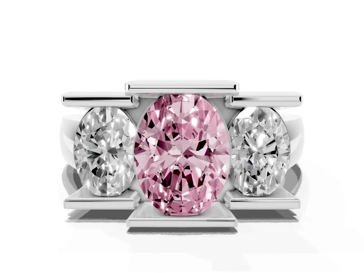 Fancy Pink Three Stone Oval Cut Cut Channel Set Diamond Ring Platinum