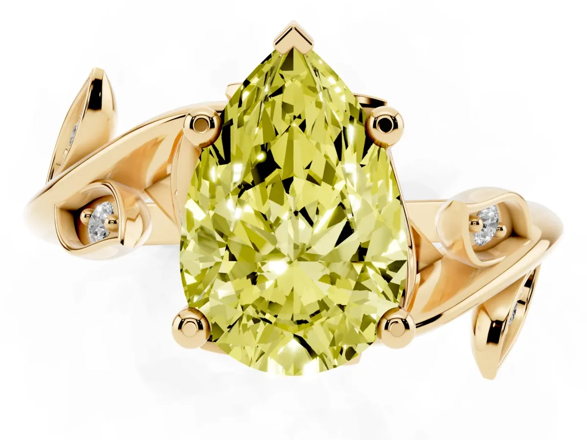 Fancy Yellow Pear Cut Solitaire Twist Engagement Ring with Leaf Accents and Prong Setting Yellow gold