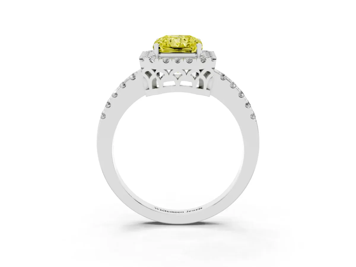 Fancy Yellow Radiant Cut Halo Diamond Engagement Ring with Pavé Band and Four-Prong Setting White gold