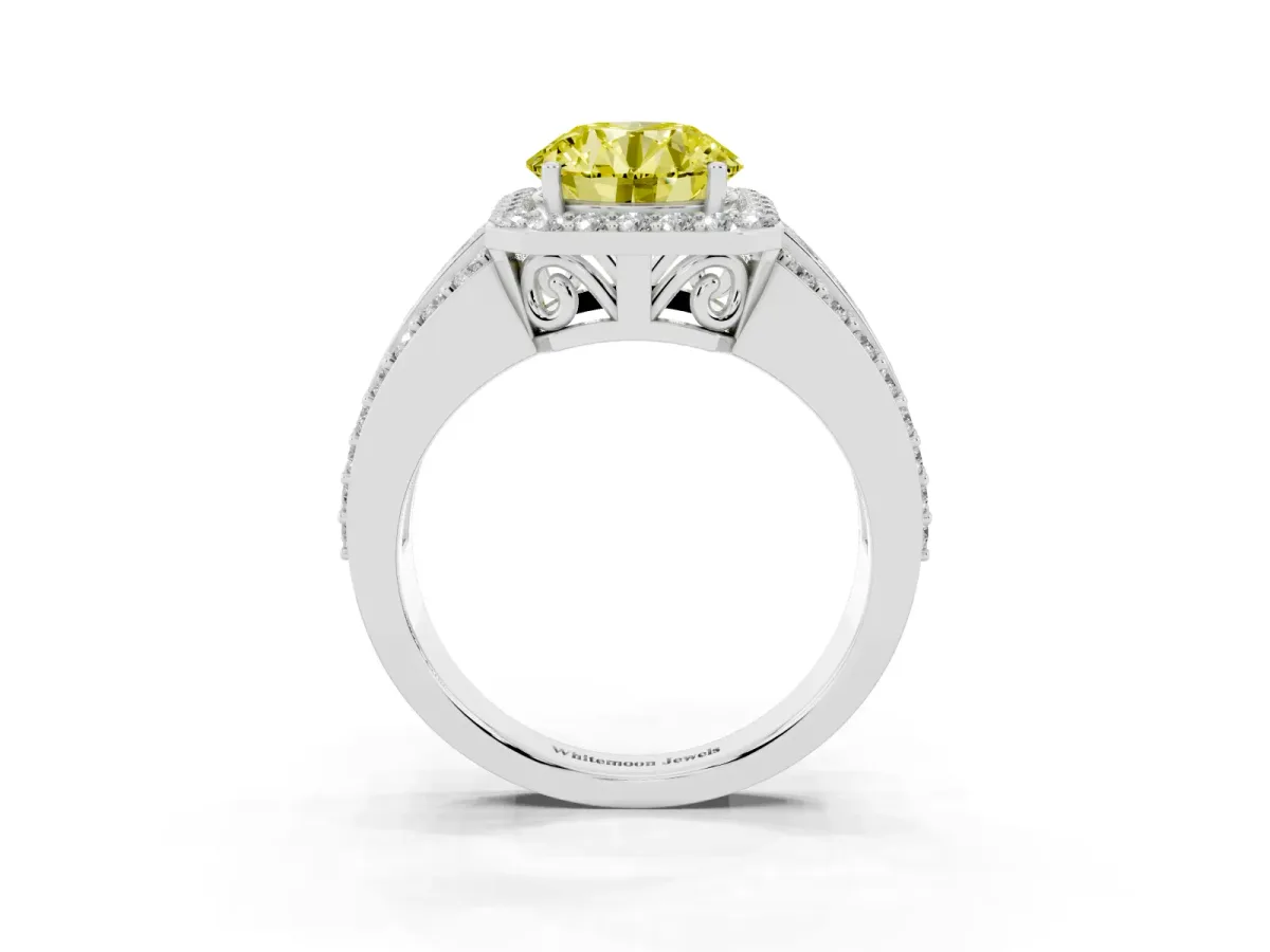Fancy Yellow Round Cut Halo Diamond Ring with Round Split Shank and Prong Setting Platinum