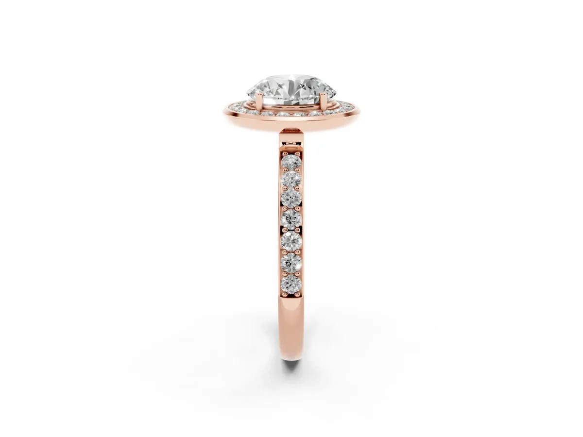 Round Cut Diamond Halo Ring with Bezel Frame and Pavé Band Rose gold