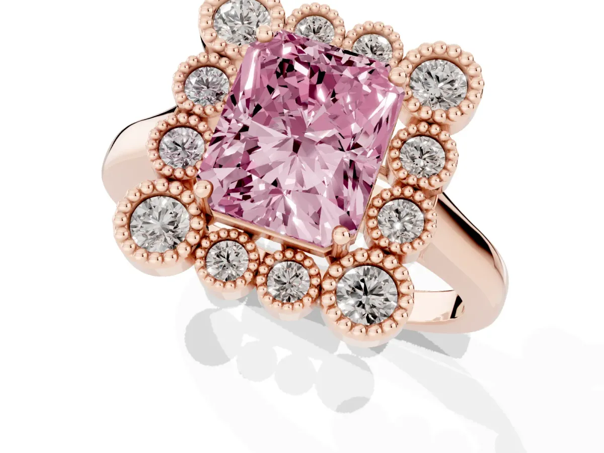 Fancy Pink Radiant Cut Halo Diamond Cluster Engagement Ring with Milgrain Bezel Setting and Solitaire Band Rose gold