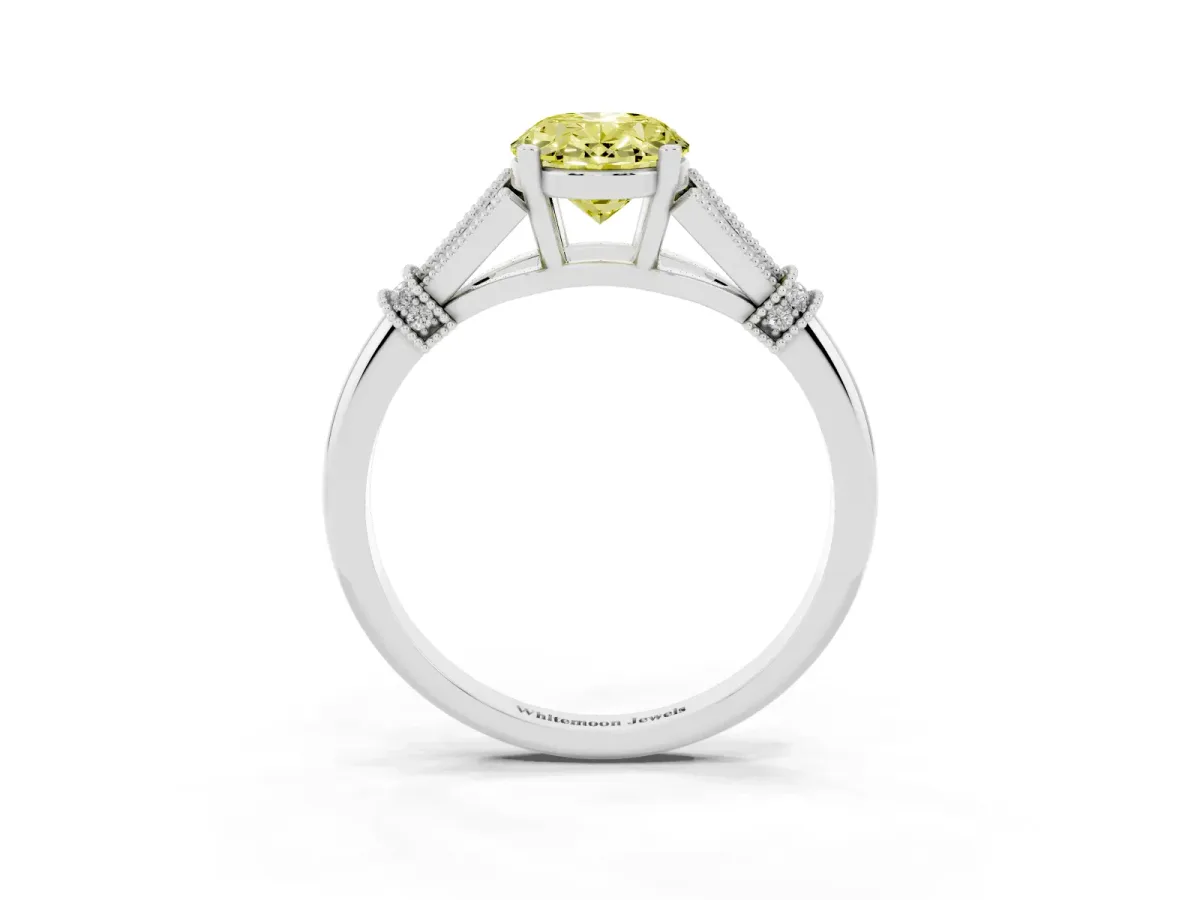 Fancy Yellow Oval Cut Diamond Solitaire Ring with Floral Filigree and Pave Accents White gold