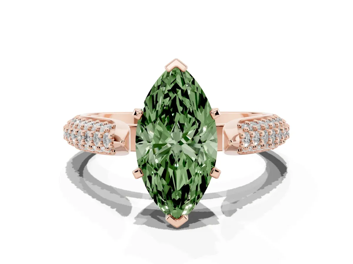 Fancy Green Marquise Cut Diamond Solitaire Engagement Ring with Multi-Row Round Pavé Band and Prong Setting Rose gold