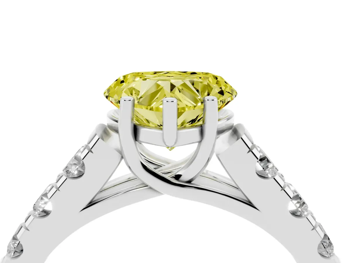 Fancy Yellow Heart Cut Cut Diamond Solitaire Ring with Micro Pave Band and Prong Setting Silver
