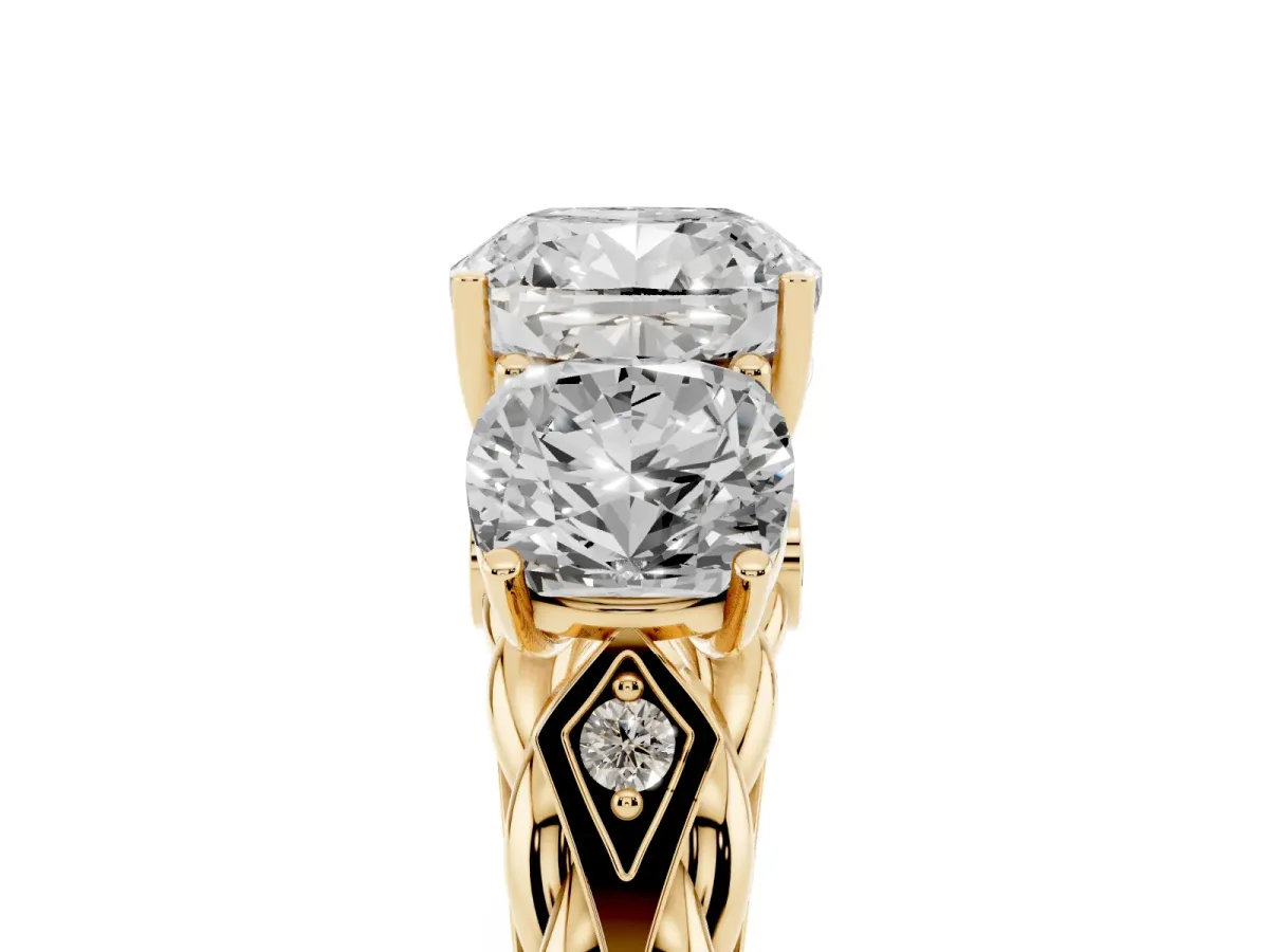 Three-Stone Cushion Cut Diamond Braided Band Ring with Four-Prong Setting Yellow gold