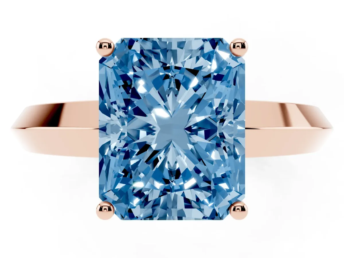 Fancy Blue Radiant Cut Cut Solitaire Engagement Ring with Flat Band and Four-Prong Setting Rose gold