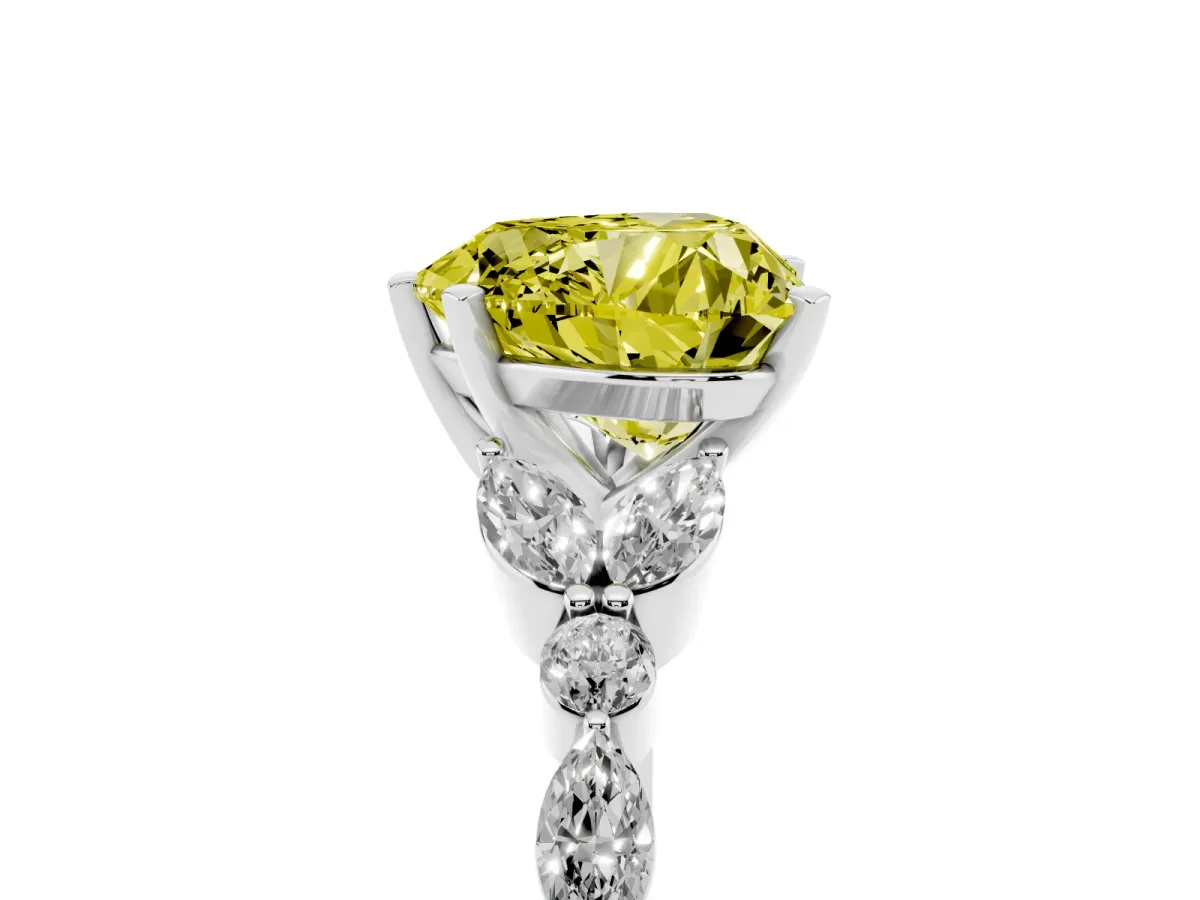 Fancy Yellow Heart Cut Diamond Solitaire Ring with Side Stones and Four-Prong Setting Platinum