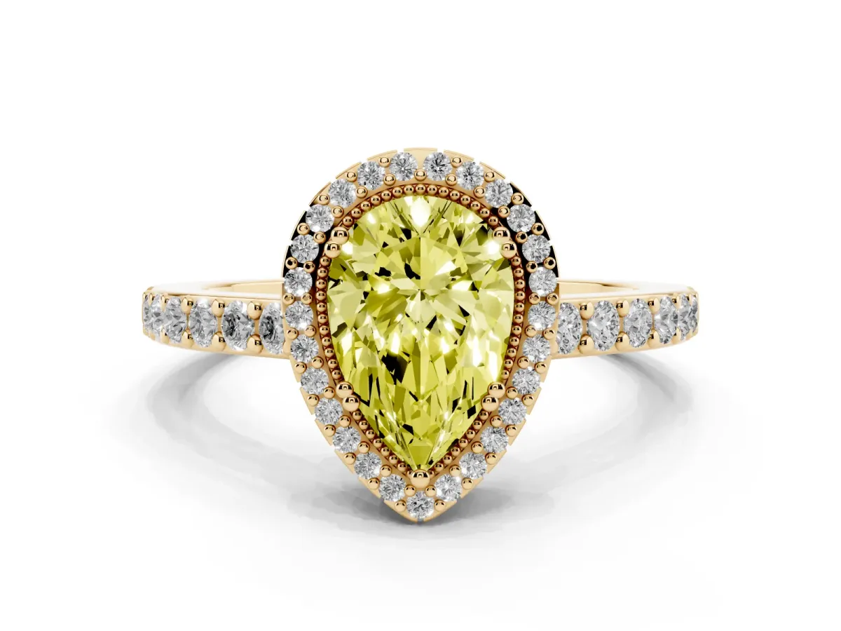 Fancy Yellow Pear Cut Cut Diamond Halo Engagement Ring with Milgrain Detail and Pavé Band Yellow gold
