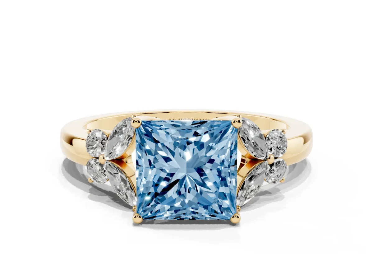 Fancy Blue Princess Cut Cut Solitaire Floral Diamond Ring with Four-Prong Setting Yellow gold