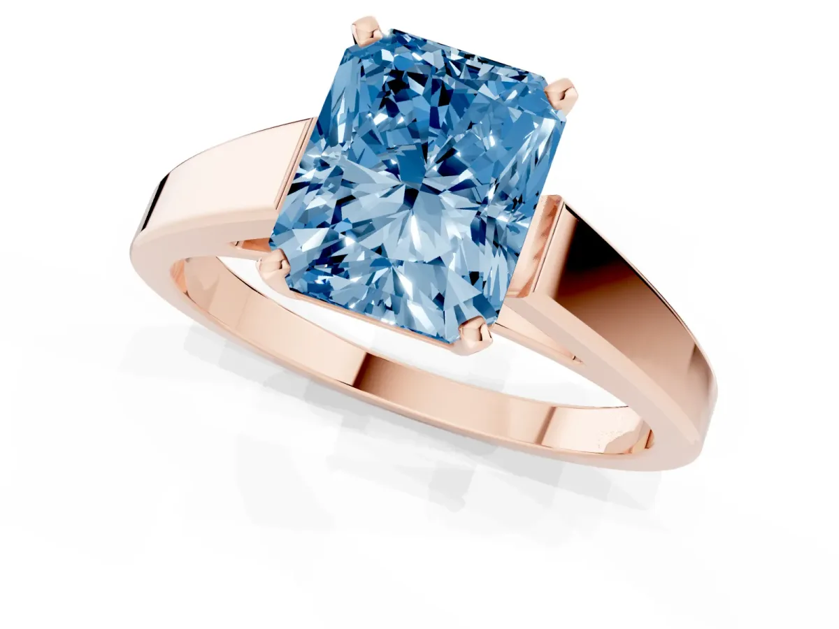 Fancy Blue Radiant Cut Solitaire Engagement Ring with Four-Prong Setting and Tapered Band Rose gold