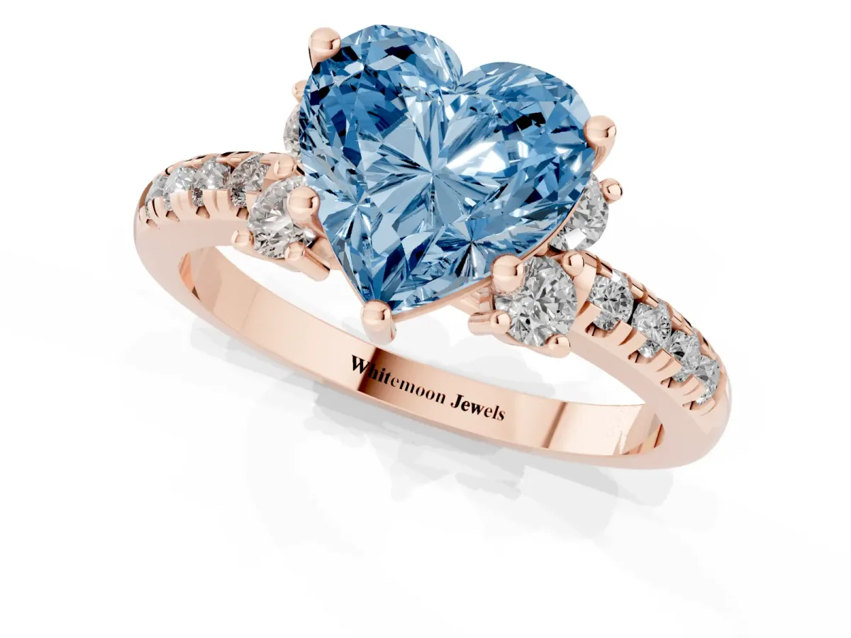 Fancy Blue Heart Cut Diamond Three-Stone Pave Band with Four-Prong Setting Rose gold