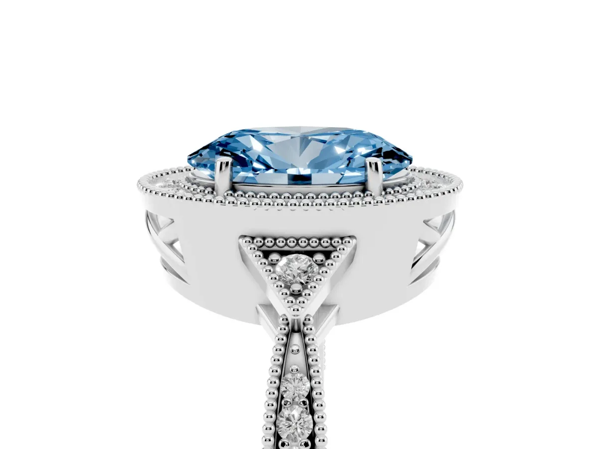 Fancy Blue Oval Cut Halo Round Diamond Milgrain Pave Engagement Ring Silver