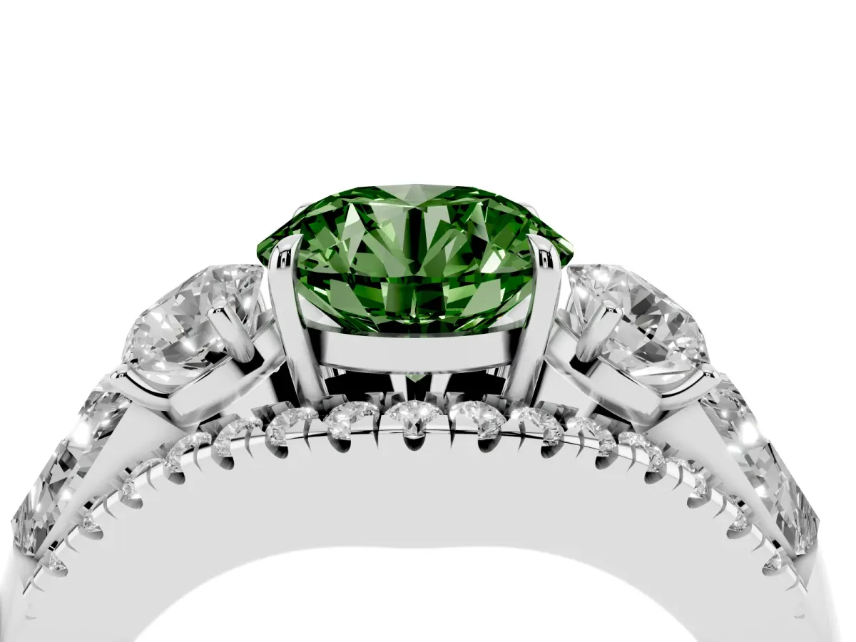 Fancy Green Three-Stone Round Cut Diamond Engagement Ring with Pave Band and Prong Setting Silver