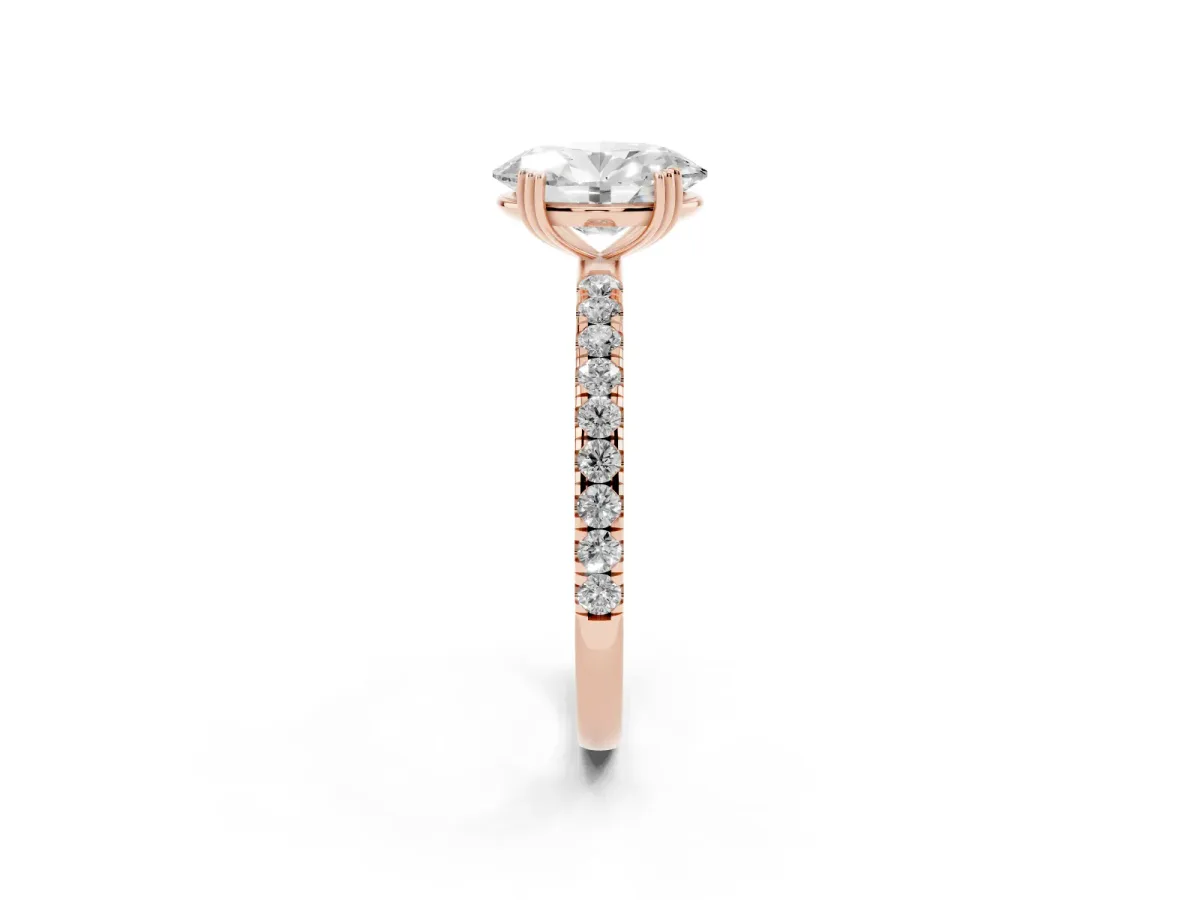 Oval Cut Brilliant Solitaire with Pavé Band and Claw Prong Setting Rose gold