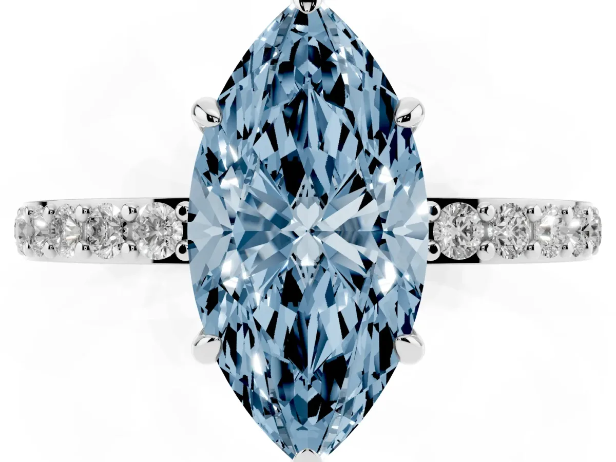 Fancy Blue Marquise Cut Diamond Pavé Engagement Ring with Round Accents and Prong Setting White gold