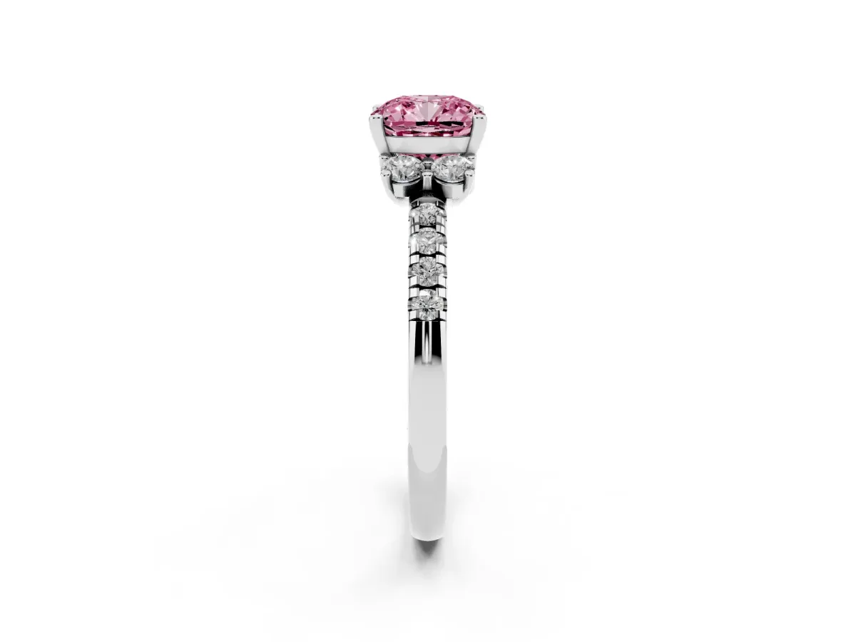 Fancy Pink Cushion Cut Diamond Three-Stone Pave Band with Four-Prong Setting Silver