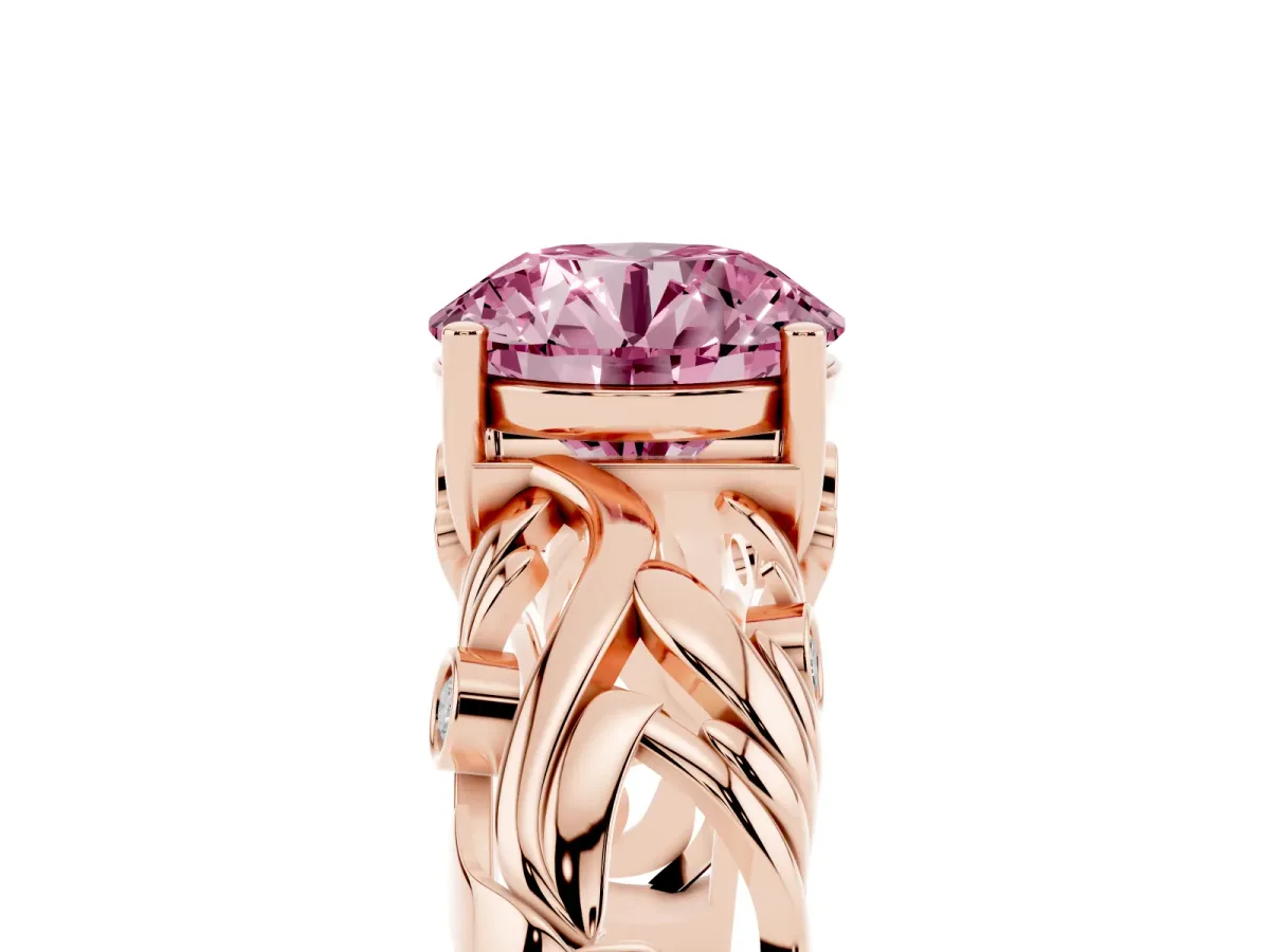 Fancy Pink Round Cut Solitaire Diamond Leaf-Inspired Vine Band Ring with Prong Setting Rose gold