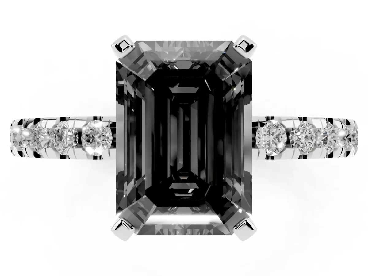 Fancy Black Emerald Cut Diamond Solitaire Ring with Round Pavé Band and Four-Prong Setting Silver