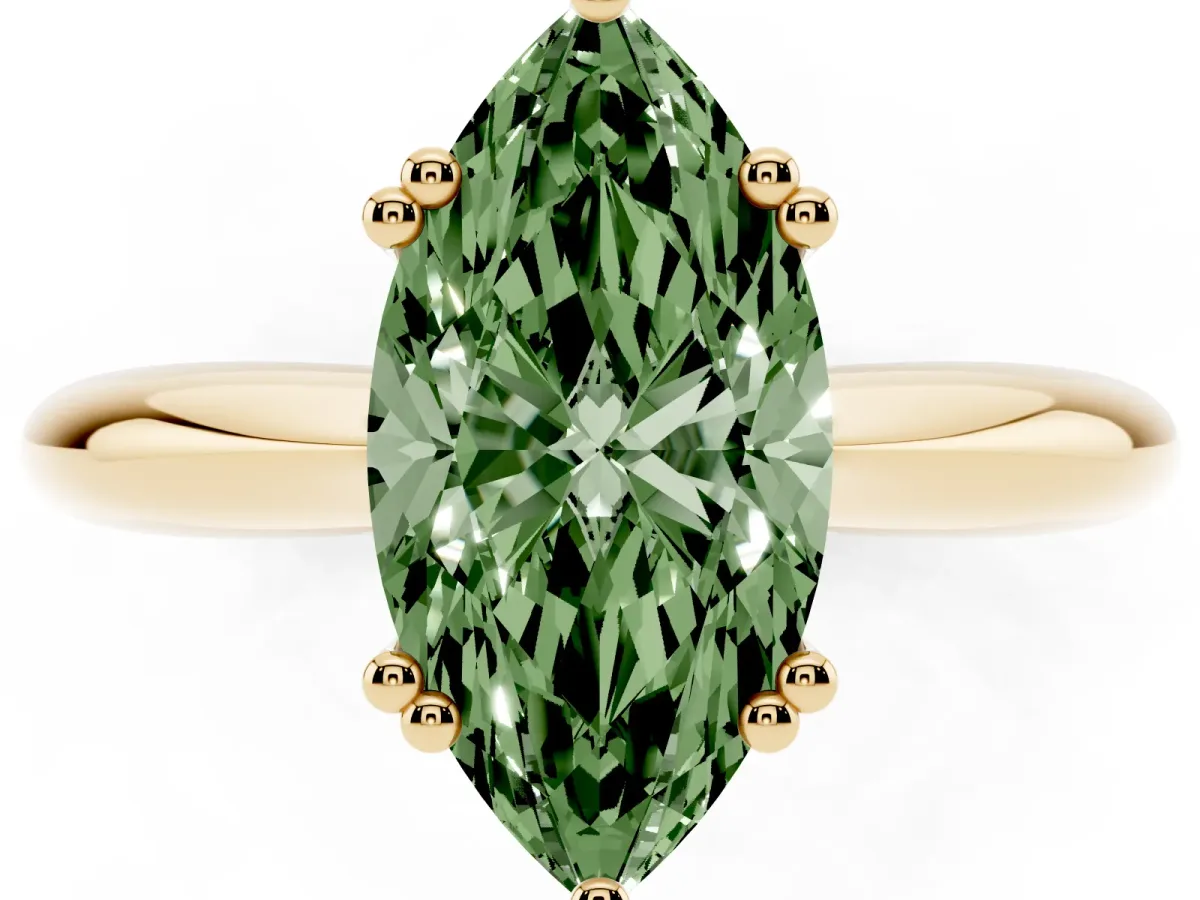 Fancy Green Marquise Cut Cut Solitaire Engagement Ring with Tapered Band and Four-Prong Setting Yellow gold