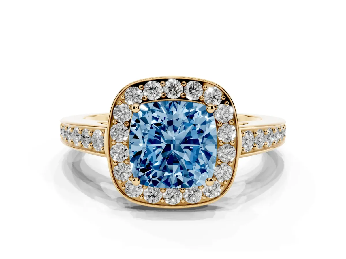 Fancy Blue Cushion Cut Halo Pavé Diamond Engagement Ring with Bezel Setting Yellow gold