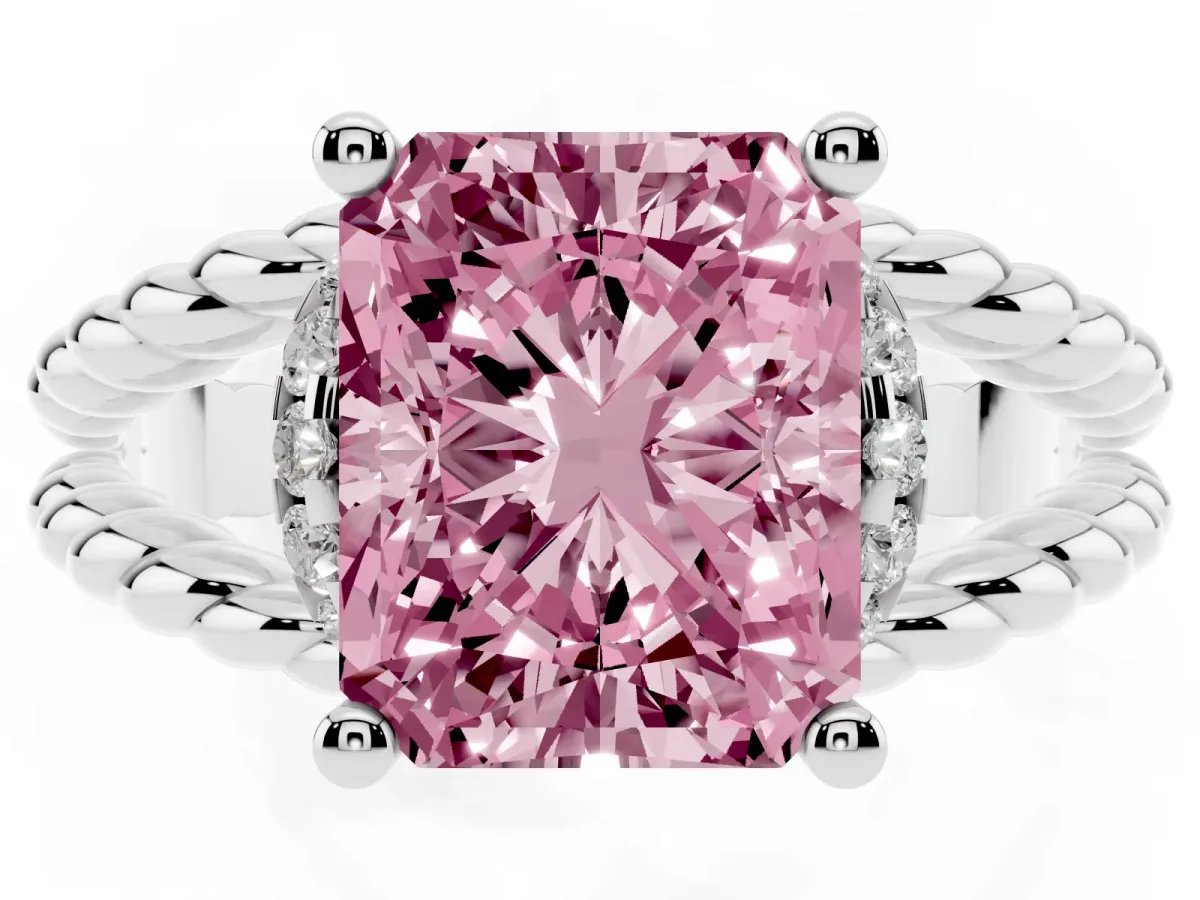 Fancy Pink Radiant Cut Halo Twisted Band Four-Prong Ring Silver