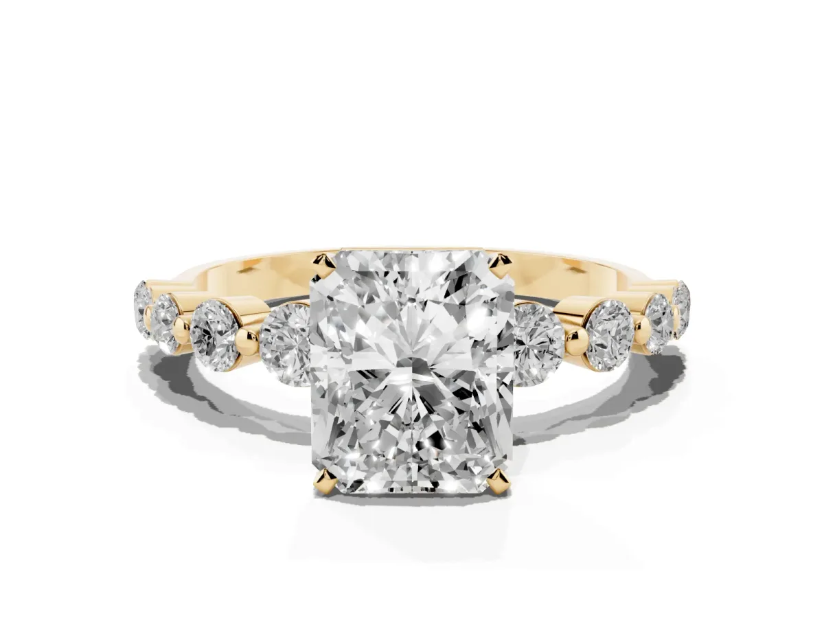 Radiant Cut Solitaire Diamond Ring with Pave Band and Four-Prong Setting Yellow gold