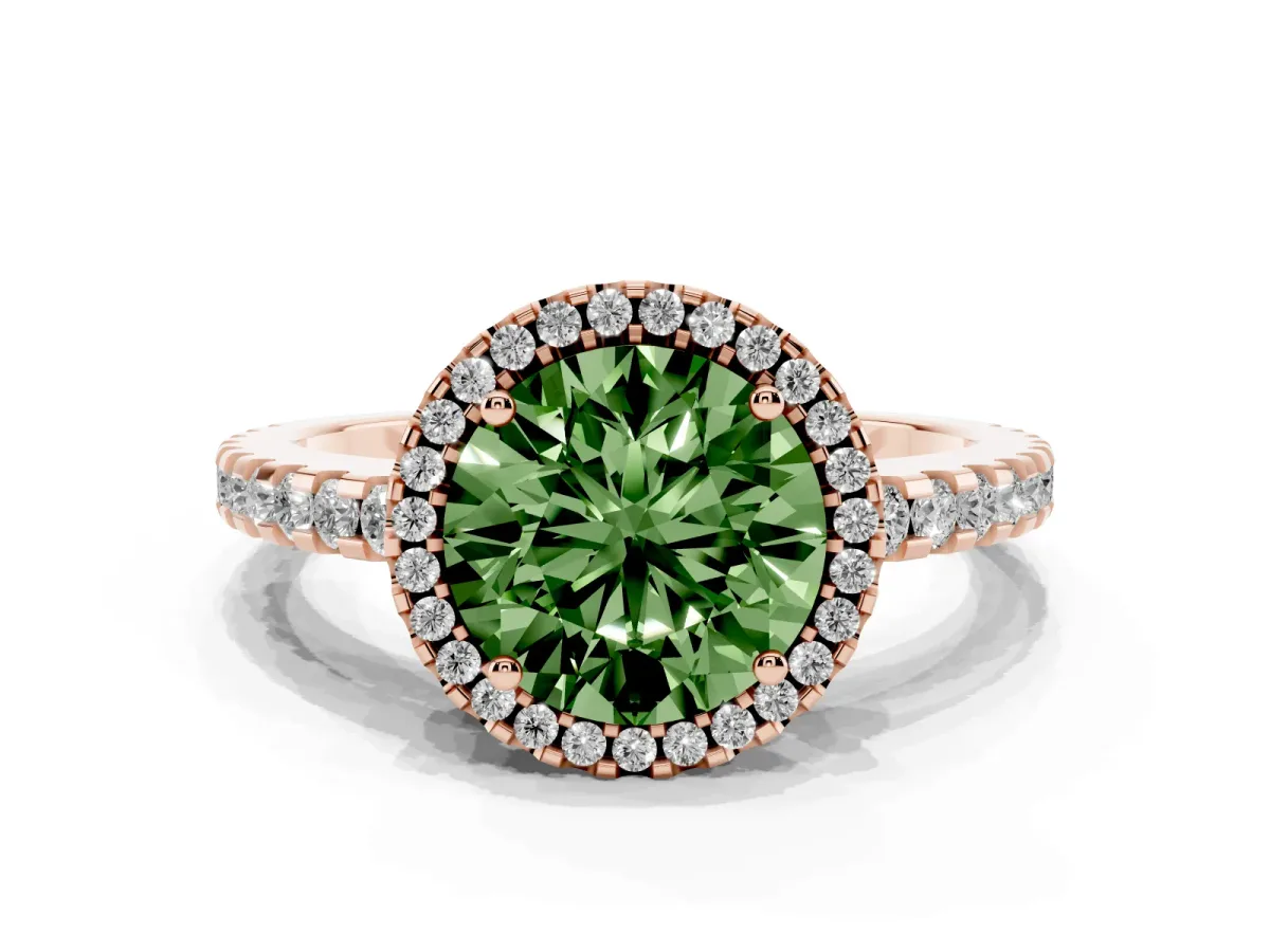 Fancy Green Round Cut Diamond Halo Engagement Ring with Pavé Band and Prong Setting Rose gold