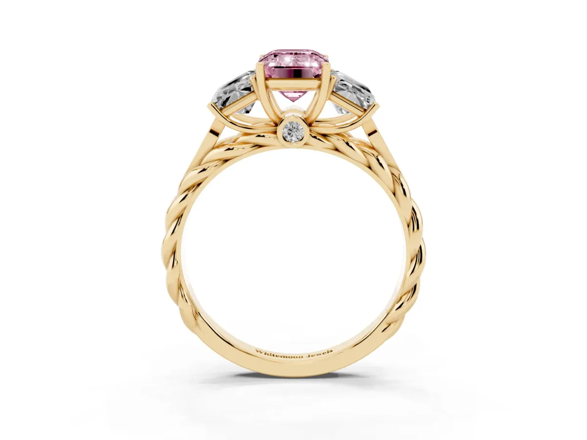 Fancy Pink Three-Stone Radiant Cut Diamond Braided Band Ring with Four-Prong Setting Yellow gold