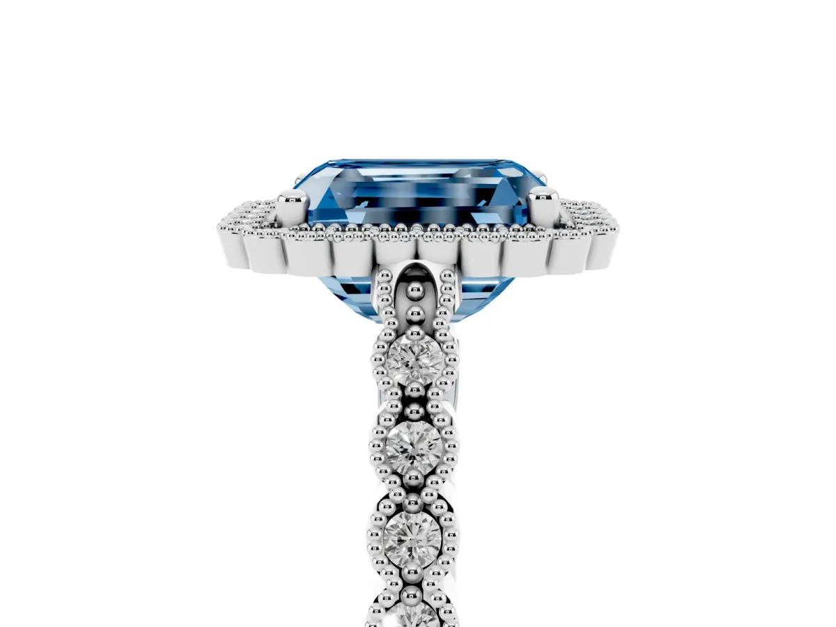 Fancy Blue Radiant Cut Cut Halo Pavé Solitaire Ring with Milgrain Band Silver