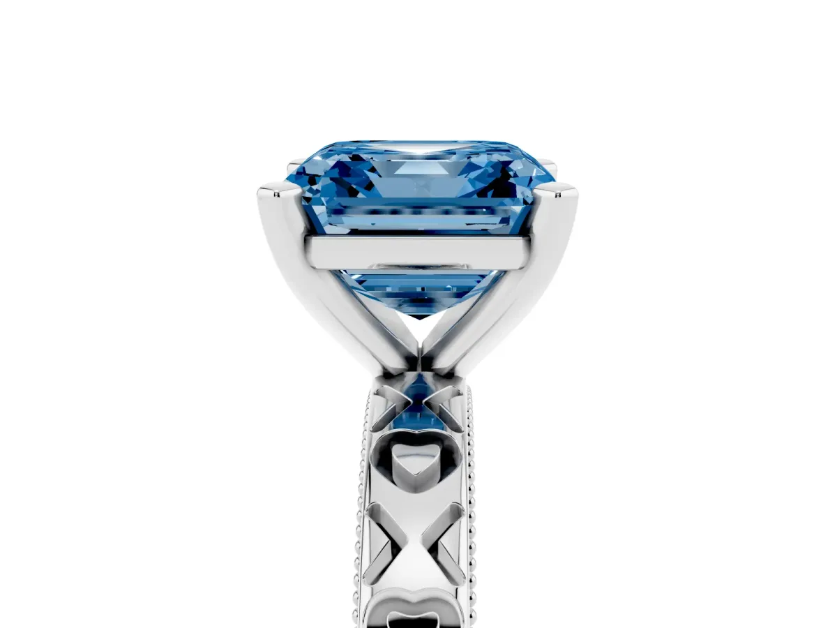 Fancy Blue Asscher Cut Solitaire Diamond Engagement Ring with XO Engraved Band and Four-Prong Setting Silver