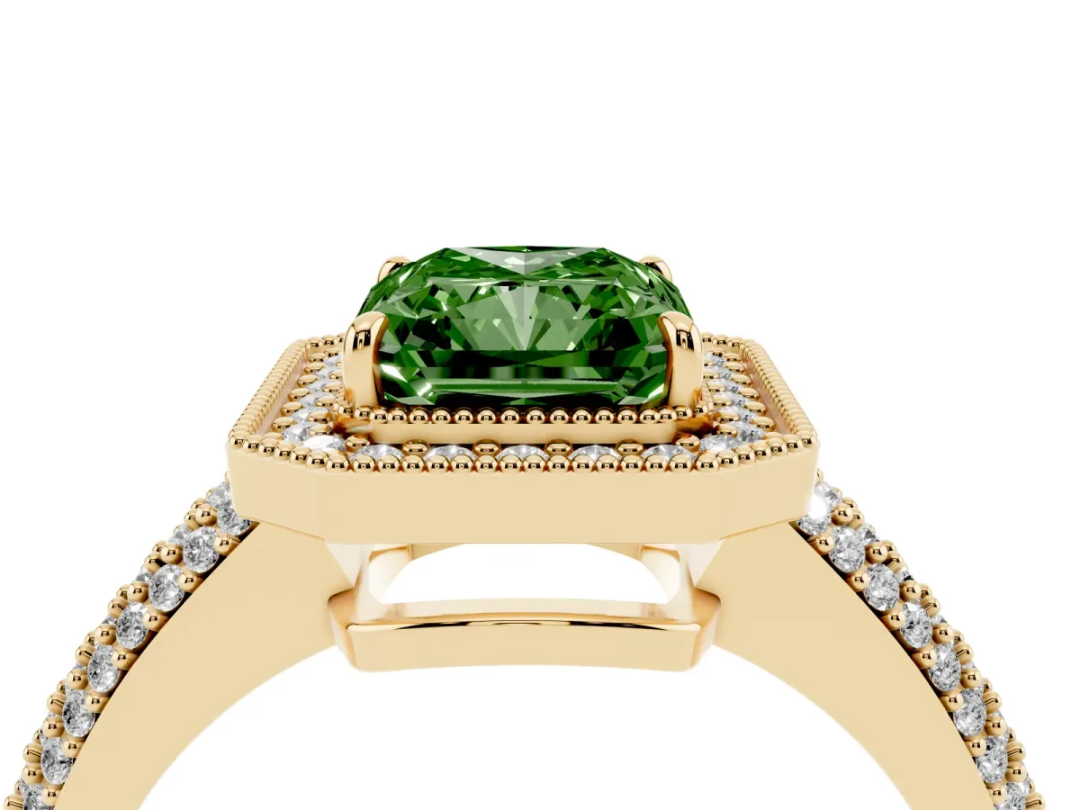 Fancy Green Radiant Cut Cut Halo Diamond Pave Band with Four-Prong Setting Yellow gold