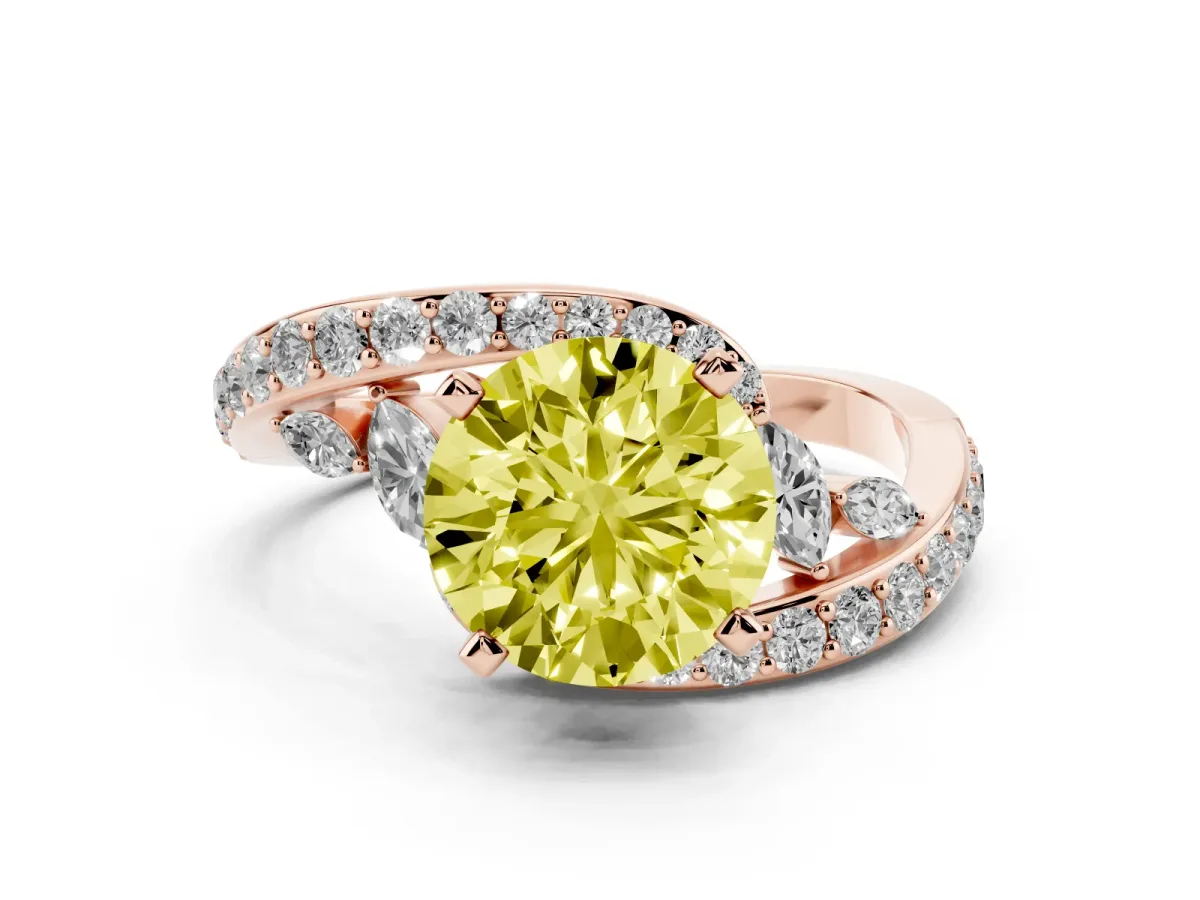 Fancy Yellow Round Cut Solitaire with Pavé Twist Band and Four-Prong Setting Rose gold