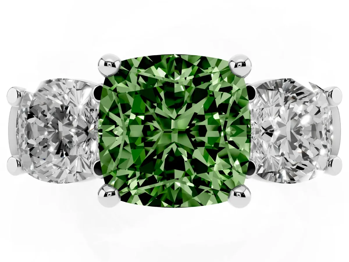Fancy Green Three-Stone Cushion Cut Brilliant Diamond Trellis Ring with Comfort Fit Band Platinum