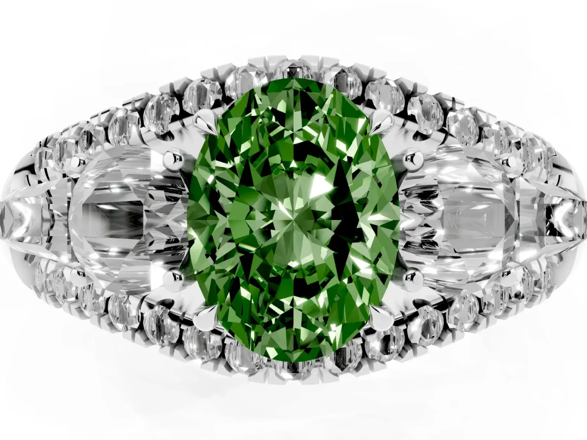 Fancy Green Three-Stone Oval Cut Diamond Engagement Ring with Pave Band and Prong Setting Silver