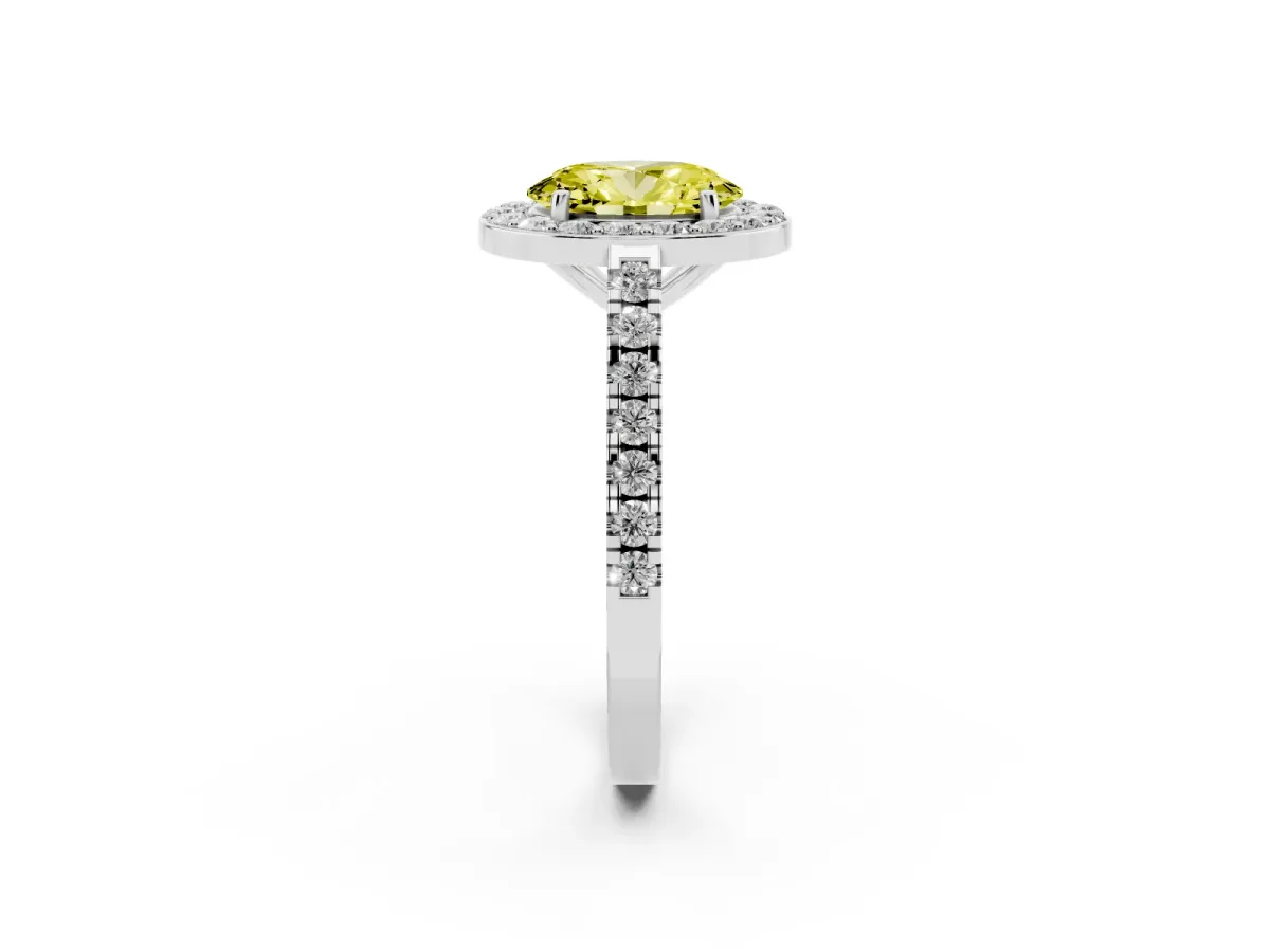 Fancy Yellow Oval Cut Diamond Halo Ring with Round Pavé Split Shank and Prong Setting Silver