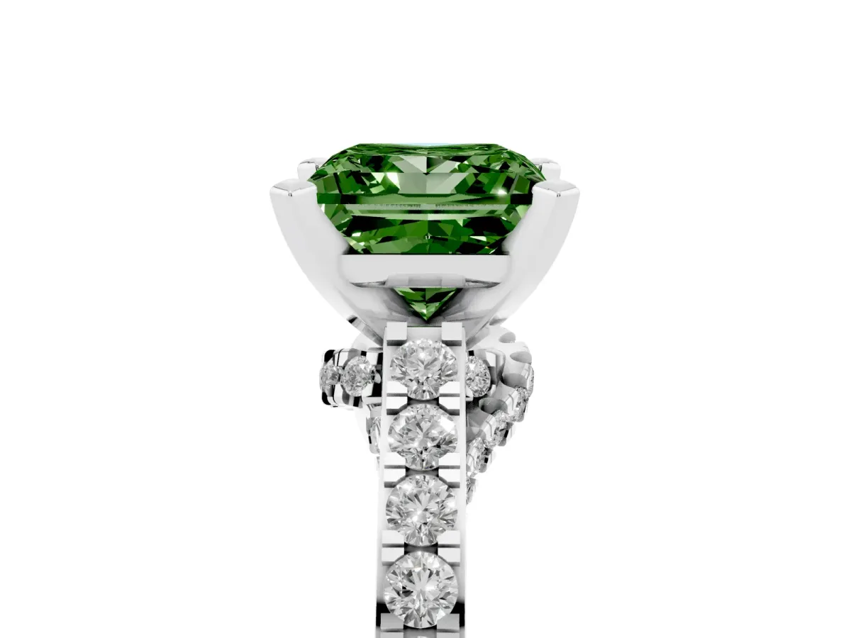 Fancy Green Princess Cut Diamond Solitaire Ring with Crossover Gallery and Round Pavé Band Platinum
