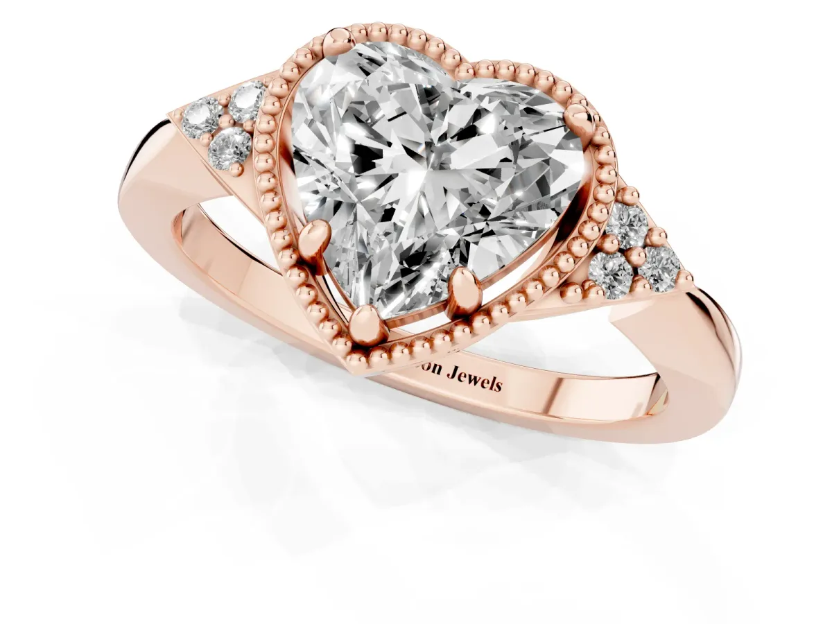 Milgrain Heart Cut Cut Diamond Ring with Tapered Pave Band and Four Prong Setting Rose gold