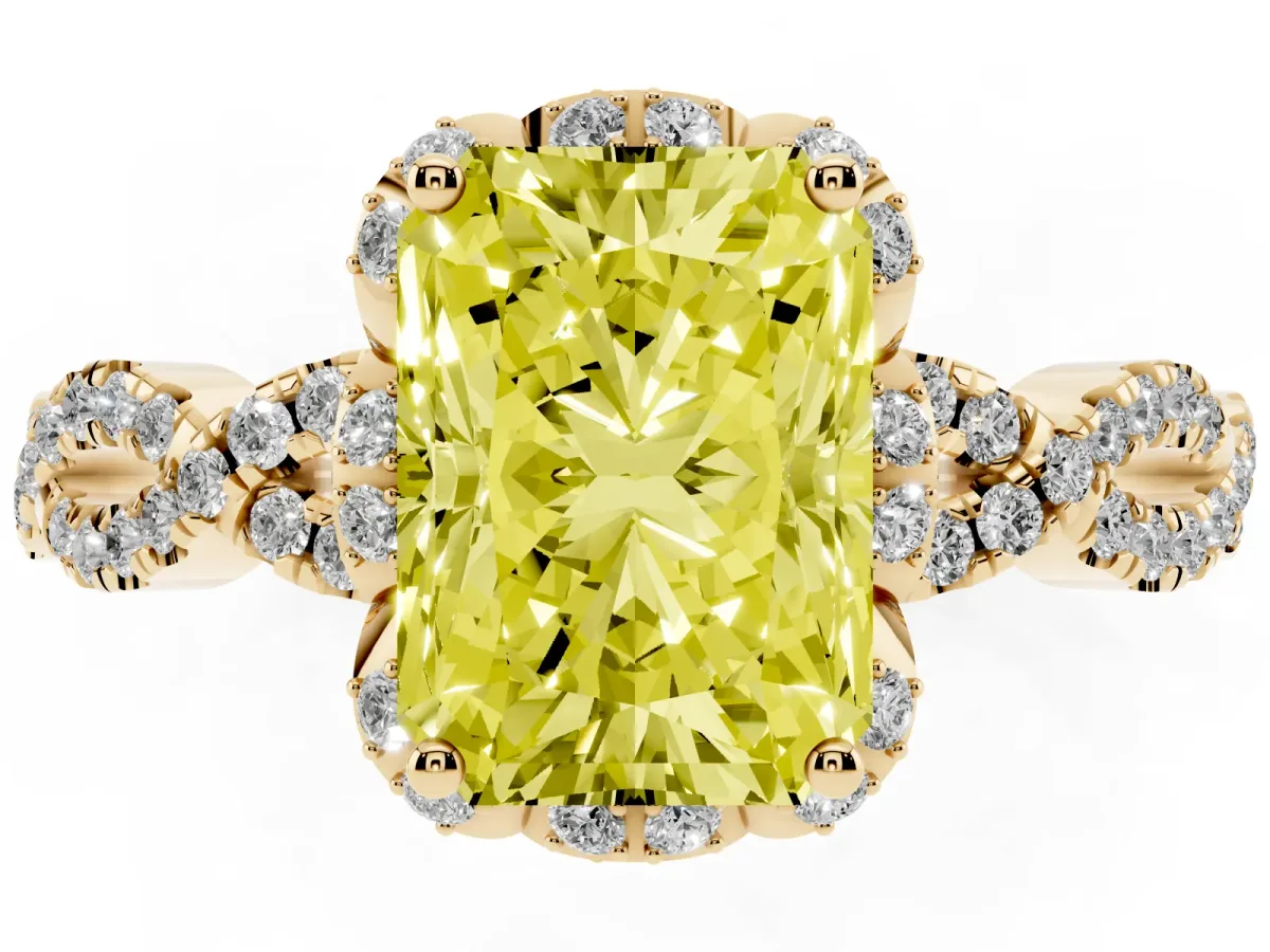 Fancy Yellow Radiant Cut Halo Twist Band Solitaire Ring with Six-Prong Setting Yellow gold