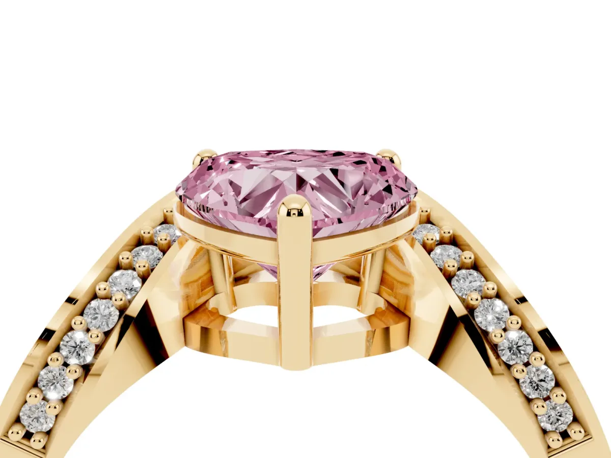 Fancy Pink Heart Cut Solitaire Diamond Engagement Ring with Pave Band and Four-Prong Setting Yellow gold