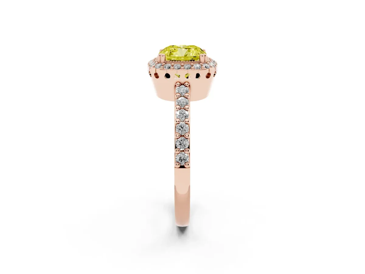Fancy Yellow Cushion Cut Cut Diamond Halo Engagement Ring with Milgrain Detail and Pavé Band Rose gold