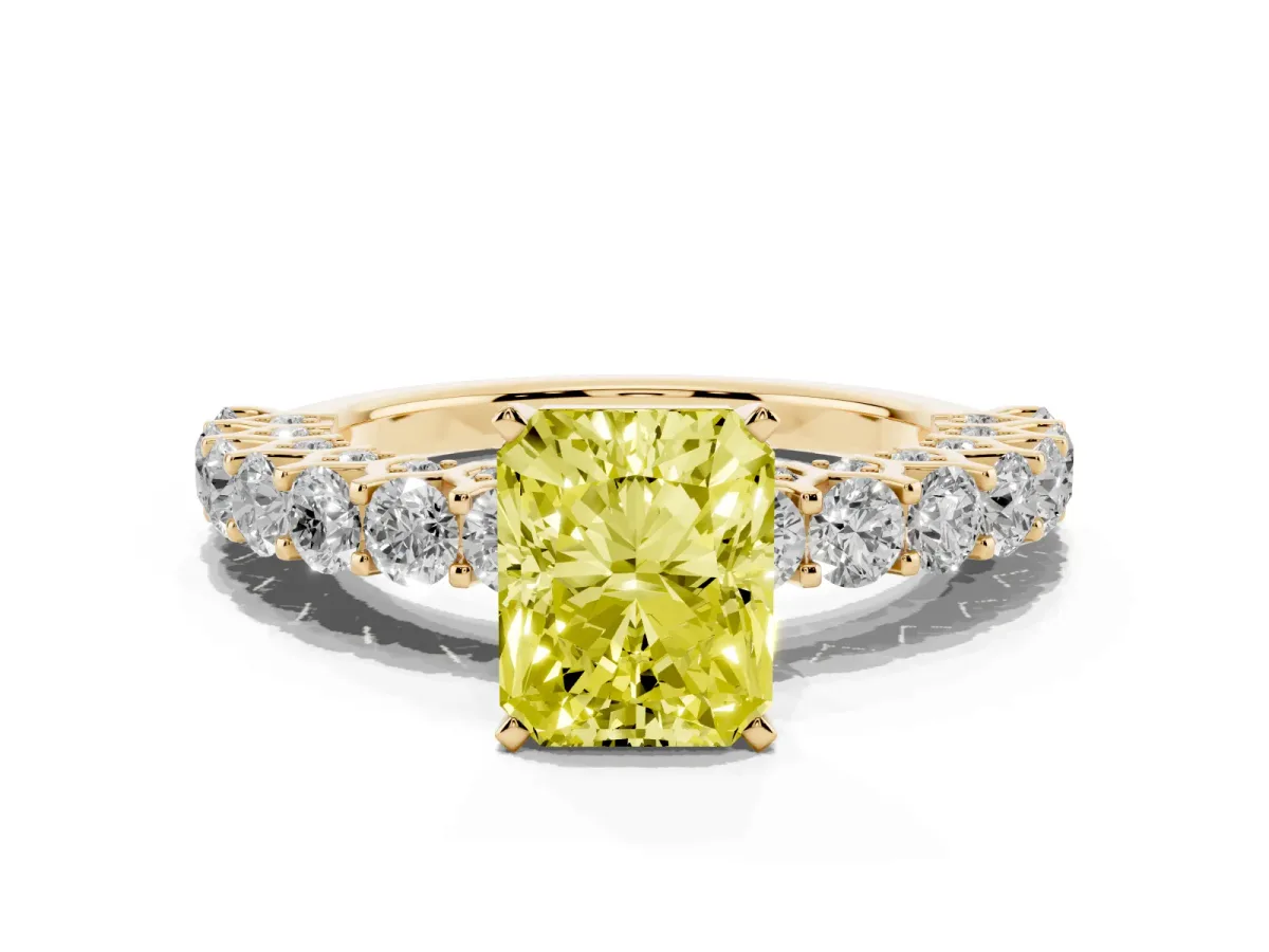 Fancy Yellow Radiant Cut Diamond Solitaire Ring with Shared Prong Pavé Band and Four-Prong Setting Yellow gold