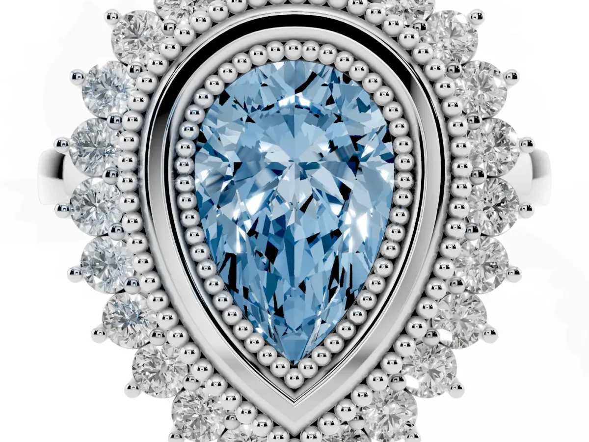 Fancy Blue Pear Cut Halo Diamond Ring with Milgrain Edge and Round Prong Setting Silver