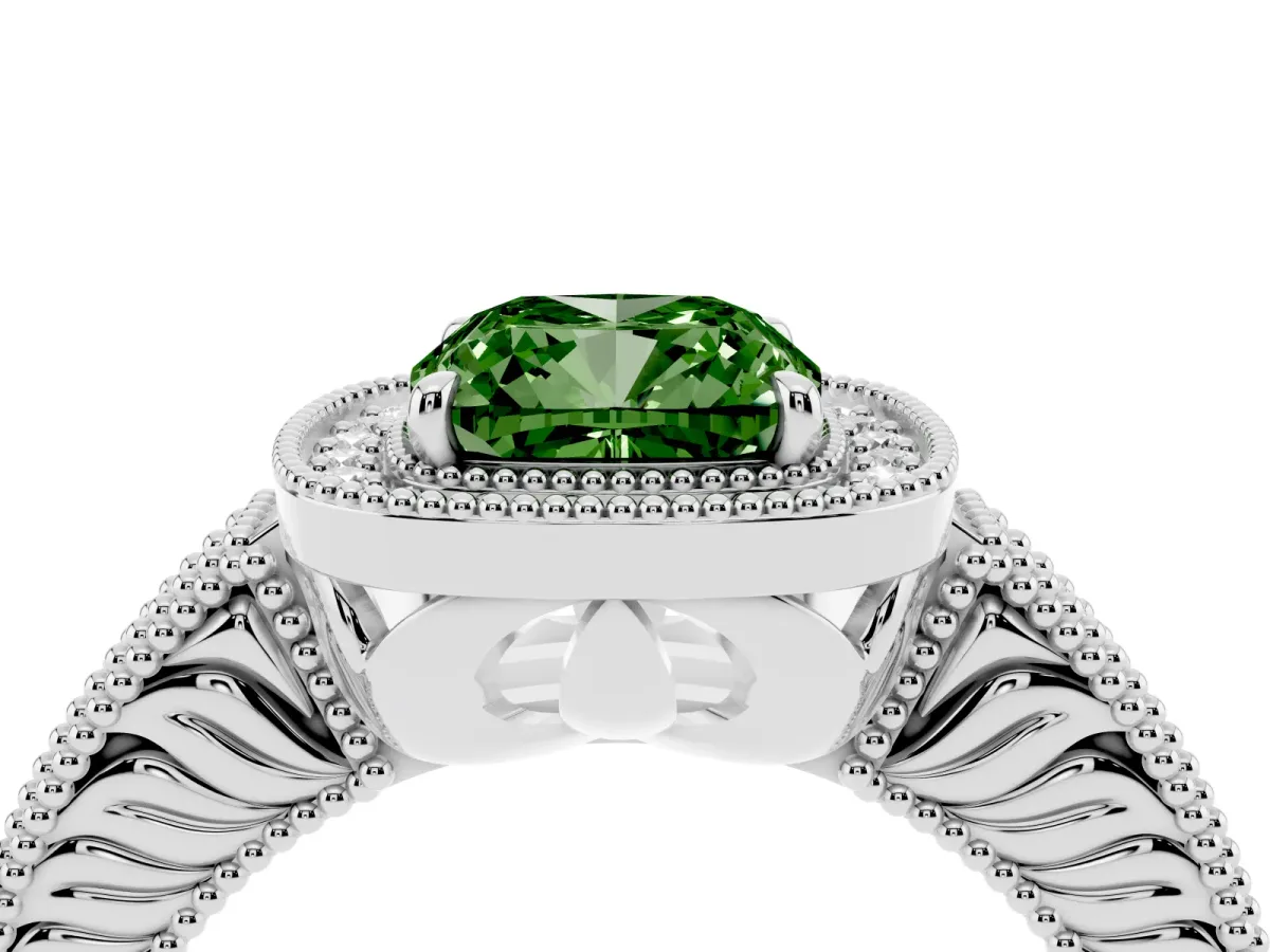 Fancy Green Cushion Cut Cut Halo Diamond Ring with Pavé Band and Four-Prong Setting Silver