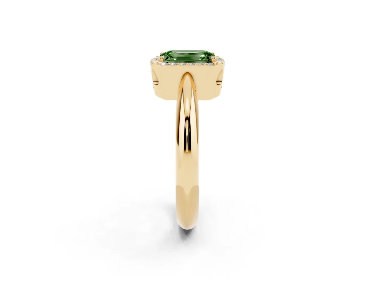 Fancy Green Emerald Cut Cut Diamond Halo Engagement Ring with Split Shank and Four-Prong Setting Yellow gold